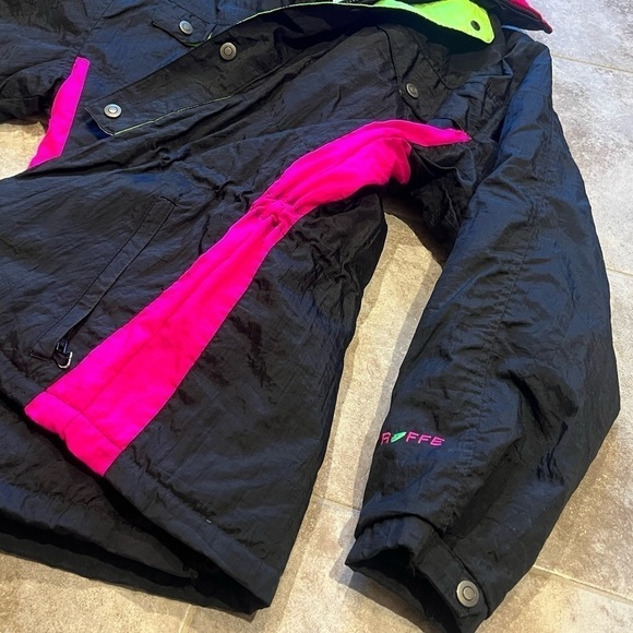 Roffe Men’s Super Charger Ski Jacket Vintage Black Neon Pink Green Small Zip Up - Picture 5 of 13